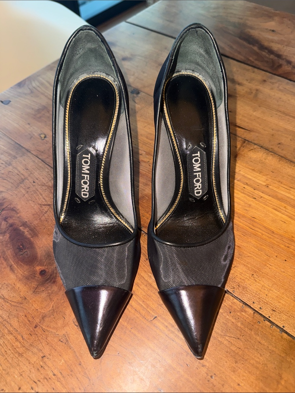 Tom Ford Black leather and mesh Pointed Toe High Heel Pumps